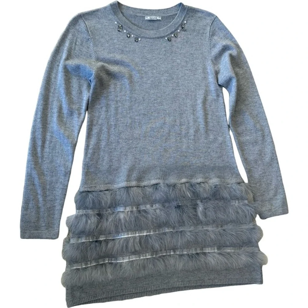 MAYORAL Gray Embellished Knit Tunic Sweater Feather Trim Girls Size 12/14 Formal
